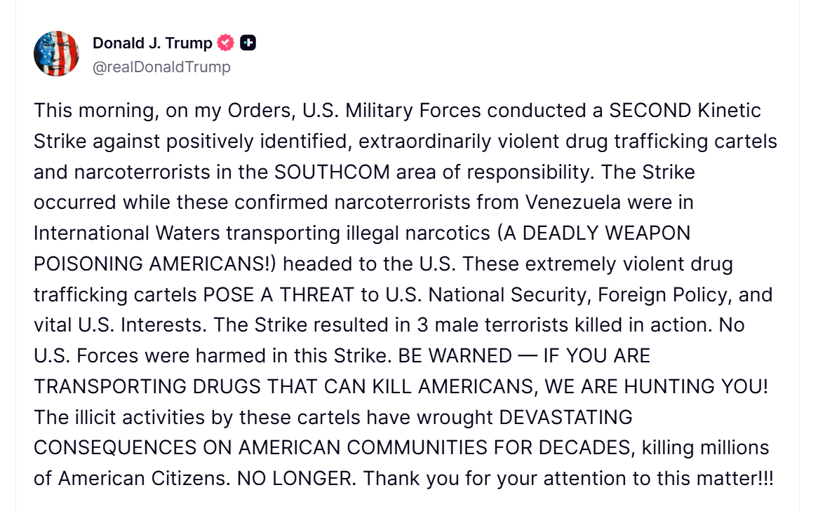 Перевозило наркотики из Венесуэлы: США уничтожили уже второе судно в Карибском бассейне