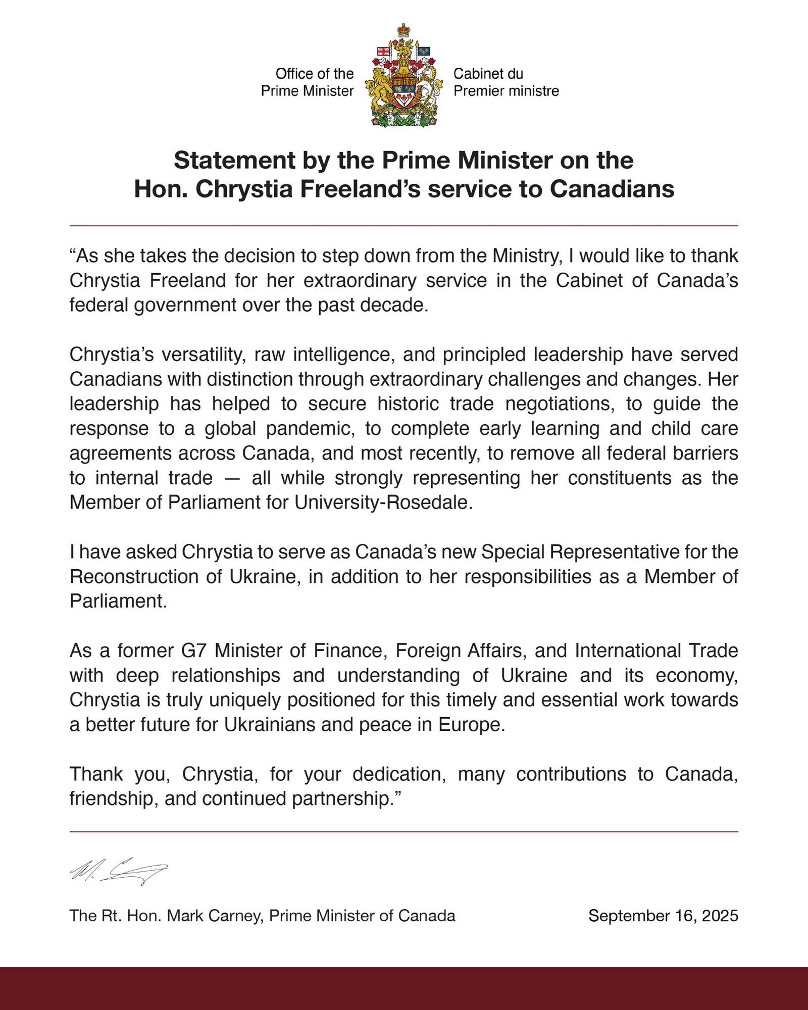 Христя Фріланд обійме посаду спецпредставника з питань відбудови України