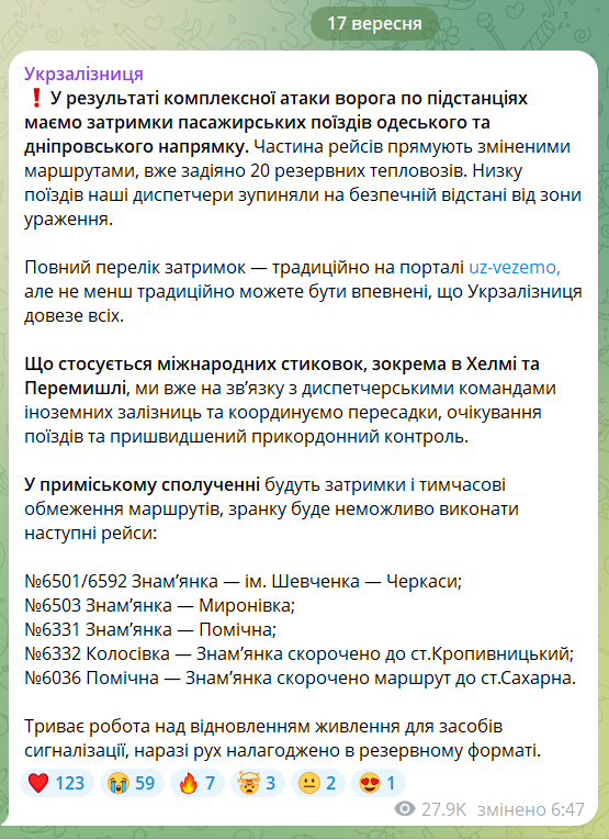 РФ устроила комплексную атаку на железную дорогу: из-за обесточивания задерживаются поезда