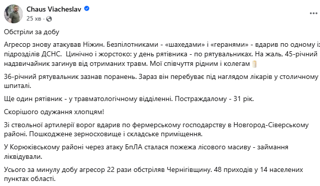 Оккупанты ударили по подразделению ГСЧС в Нежине: один спасатель погиб, есть раненые. Фото