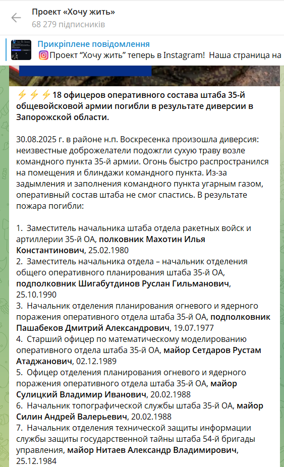 У ворога – мінус 18 офіцерів: спливли дані про диверсію з підпалом на Запоріжжі, яка "прорідила" лави військ Путіна