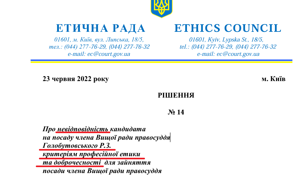 Результат оценки Голобутовского с точки зрения добропорядочности на конкурсе в ВСП