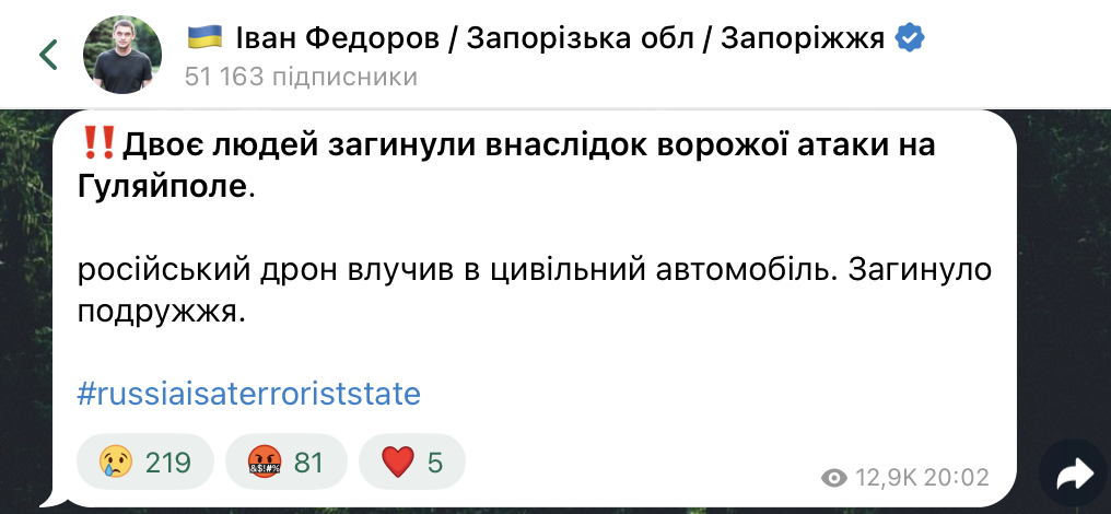 В Гуляйполе российский дрон атаковал гражданское авто: погибли супруги