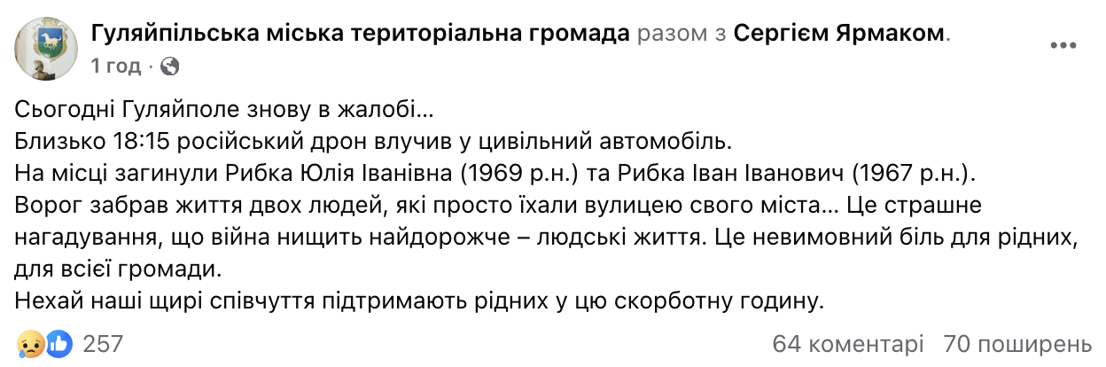 В Гуляйполе российский дрон атаковал гражданское авто: погибли супруги