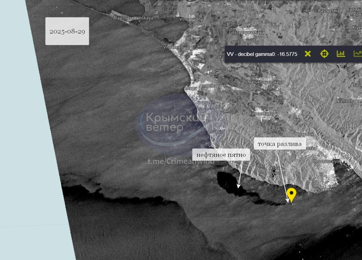 В направлении Крыма движется огромное пятно с нефтепродуктами после аварии в Новороссийске. Спутниковые фото