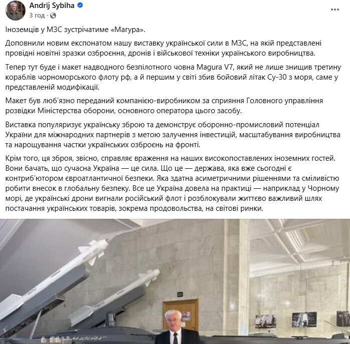 Первым в мире сбил боевой самолет Су-30 с моря: в МИД Украины установили макет надводной беспилотной лодки Magura V7. Фото