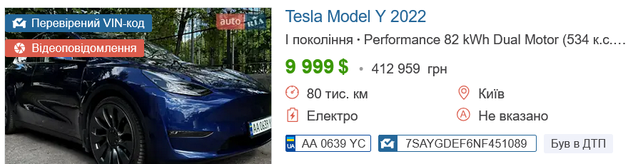Скільки коштує б/в TESLA Model Y в Україні