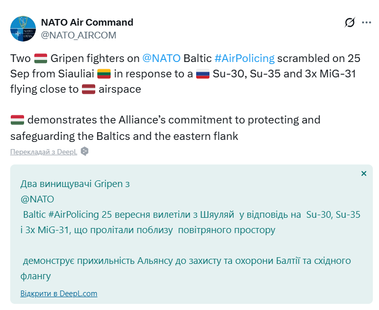 Венгерские истребители Gripen перехватили пять российских военных самолетов над Балтийским морем. Фото