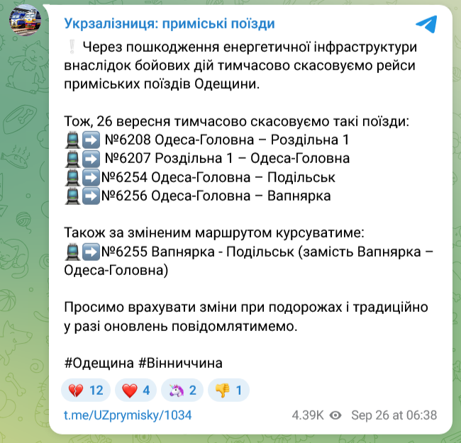 "Укрзалізниця" скасувала низку приміських поїздів в Одеській області
