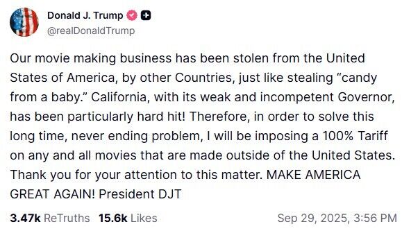 Трамп запровадить 100% мита на іноземні фільми