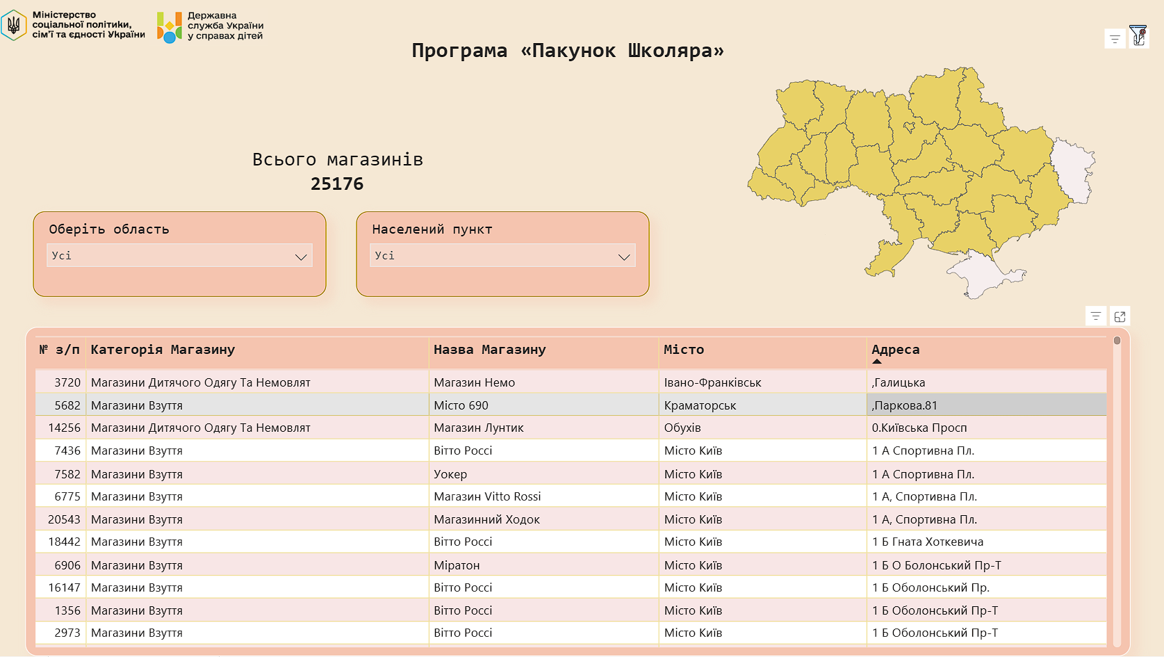 Как выглядит интерактивная карта для Пакета школьника