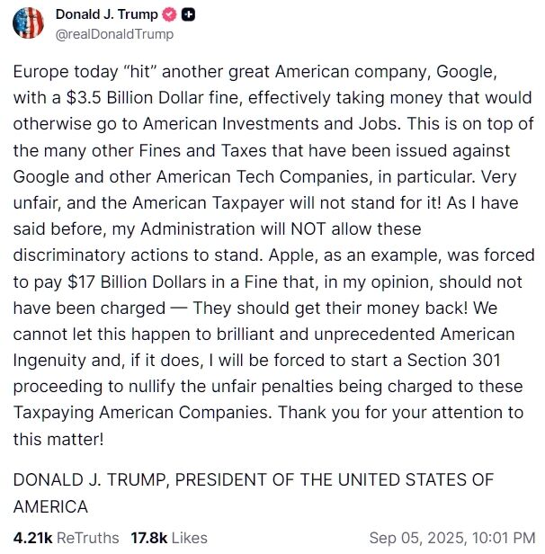 "Американские налогоплательщики не будут этого терпеть": Трамп наехал на Европу из-за штрафов для Google и Apple