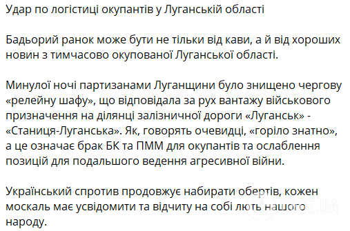 На Луганщине партизаны ударили по логистике РФ. Видео