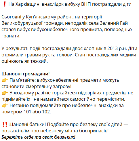 На Харьковщине в результате взрыва гранаты пострадали дети: что известно