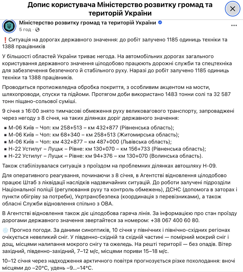 Зимова негода в Україні: у Мінрозвитку розповіли про ситуацію на дорогах державного значення