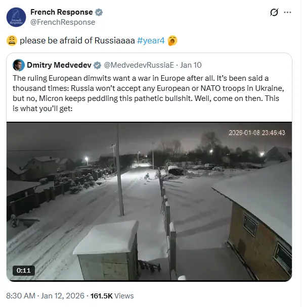 "Будь ласка, бійтеся Росію, четвертий рік": у МЗС Франції іронічно відреагували на погрози Медведєва