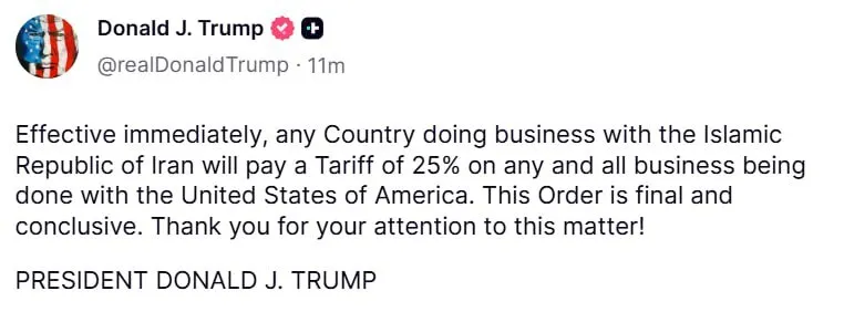 Трамп ввел новые пошлины для всех стран, ведущих бизнес с Ираном: сколько будут платить