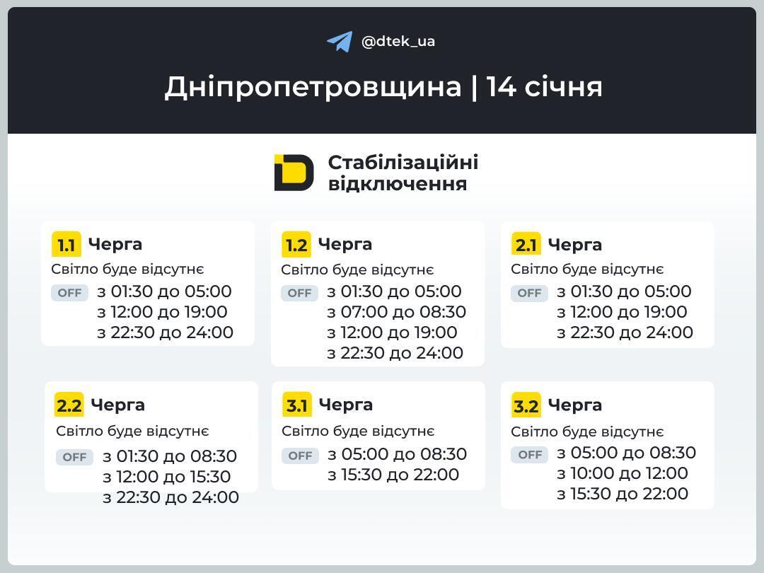 Графік відключень електроенергії в Дніпропетровській області