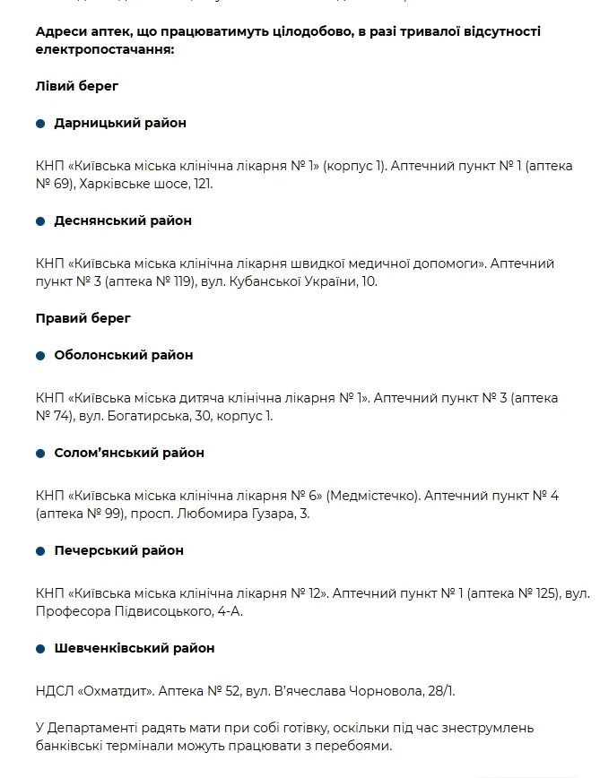 У Києві частина аптек працюватиме навіть під час тривалих відключень світла: адреси