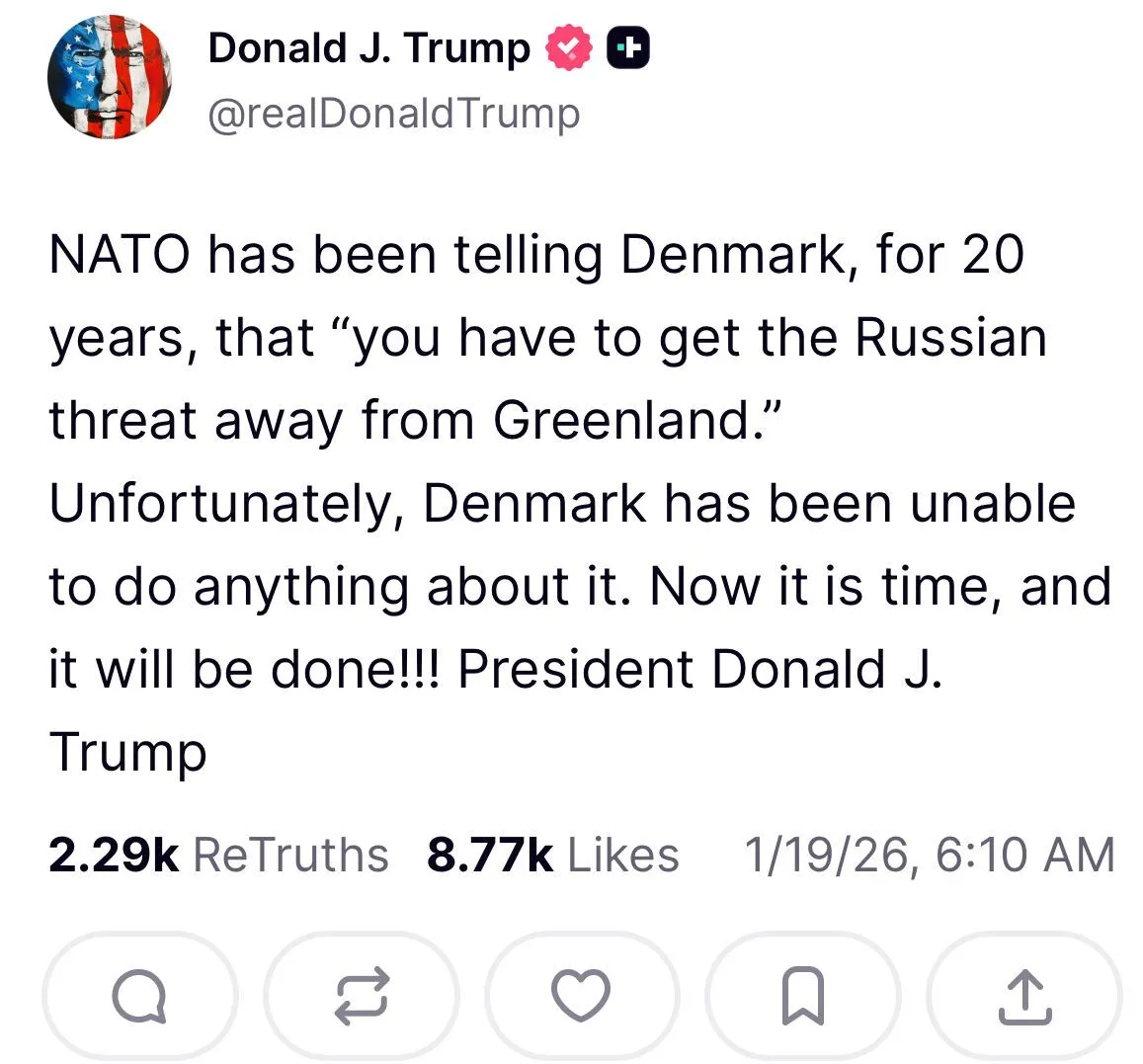 "Пришло время": Трамп сделал заявление по Гренландии и упомянул "российскую угрозу"