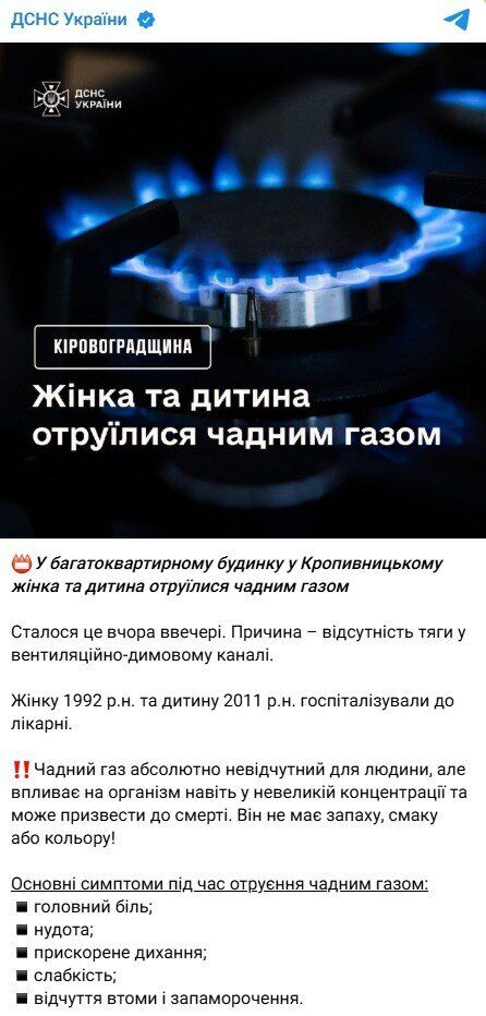 В Кропивницком женщина и ребенок отравились угарным газом: спасатели предупредили об опасности
