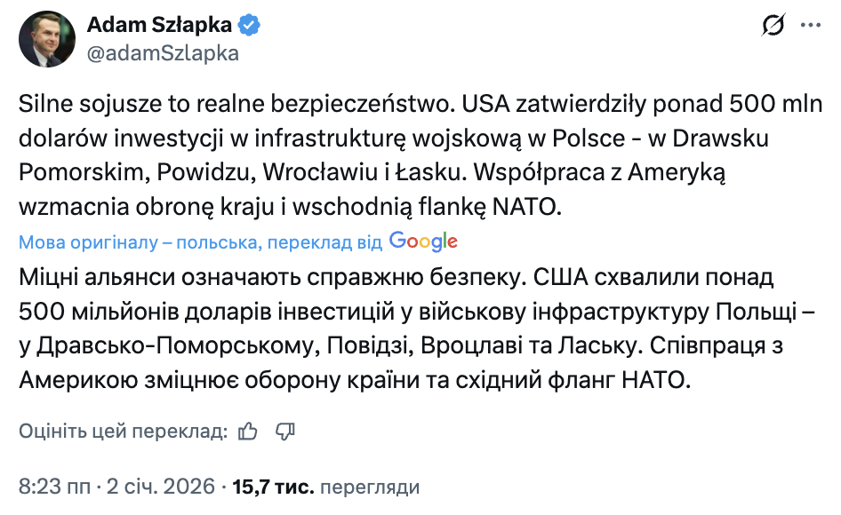 Зміцнення НАТО: США інвестують пів мільярда доларів у військову інфраструктуру Польщі