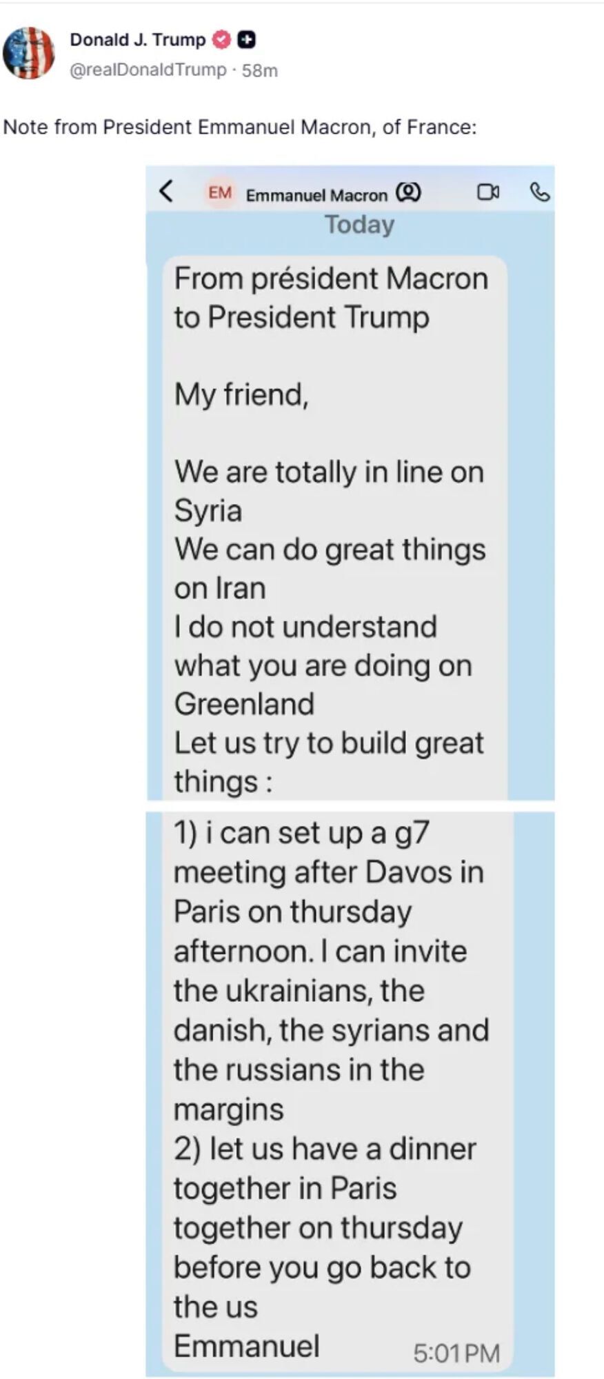 "Пропоную повечеряти разом": Трамп оприлюднив повідомлення від Макрона на тлі скандальних заяв