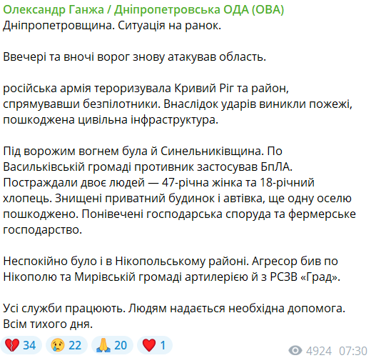Окупанти атакували Дніпропетровщину: є руйнування і постраждалі
