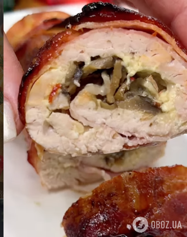 В сто раз вкуснее колбасы: сочный рулет из филе с сыром, грибами и беконом за 10 минут