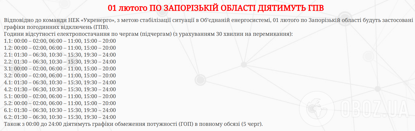 Необхідність в ощадливому енергоспоживанні зберігається у всіх регіонах: в "Укренерго" оприлюднили графіки на 1 лютого