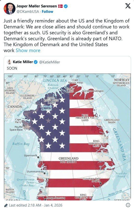 Жена чиновника Белого дома после Венесуэлы положила глаз на Гренландию: в Дании ответили