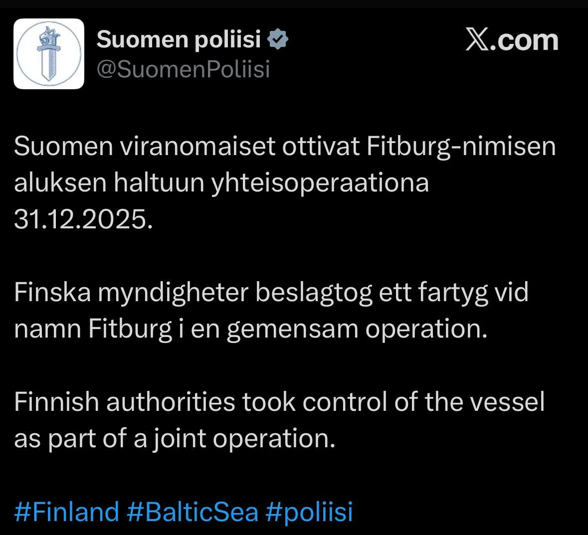 В Финляндии обнародовали видео спецоперации по захвату судна теневого флота РФ