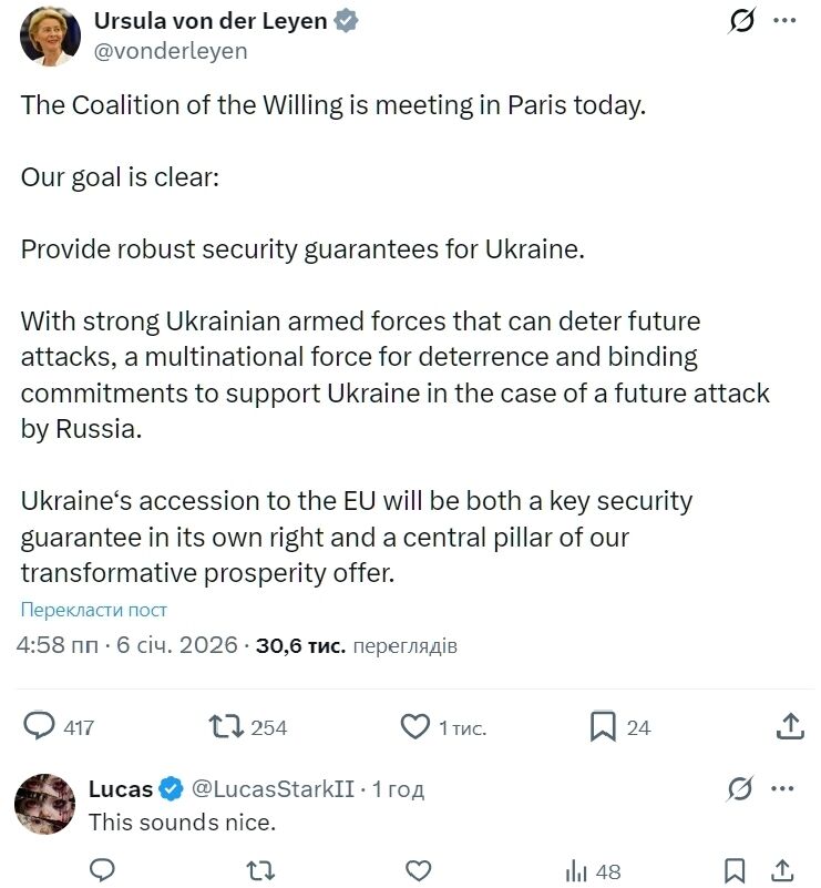 Вступление в ЕС и не только: фон дер Ляйен назвала ключевые элементы гарантий безопасности для Украины