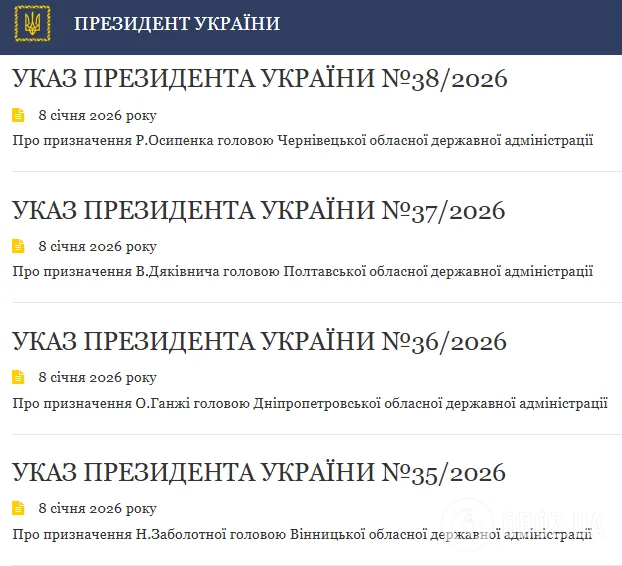 Зеленський підписав укази: кого призначили новими головами чотирьох ОВА