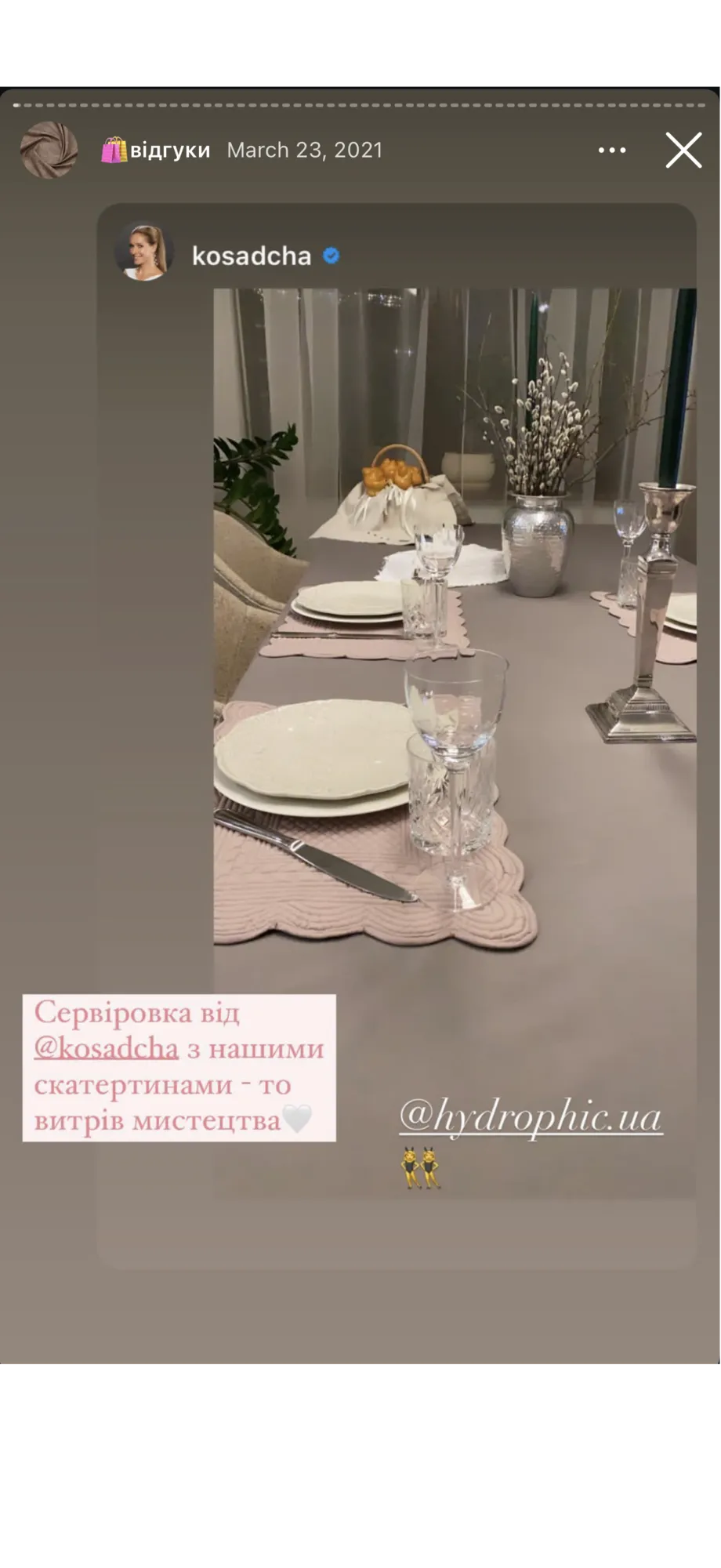 Скриншот Instagram-сториз Кати Осадчей с упоминанием Hydrophic