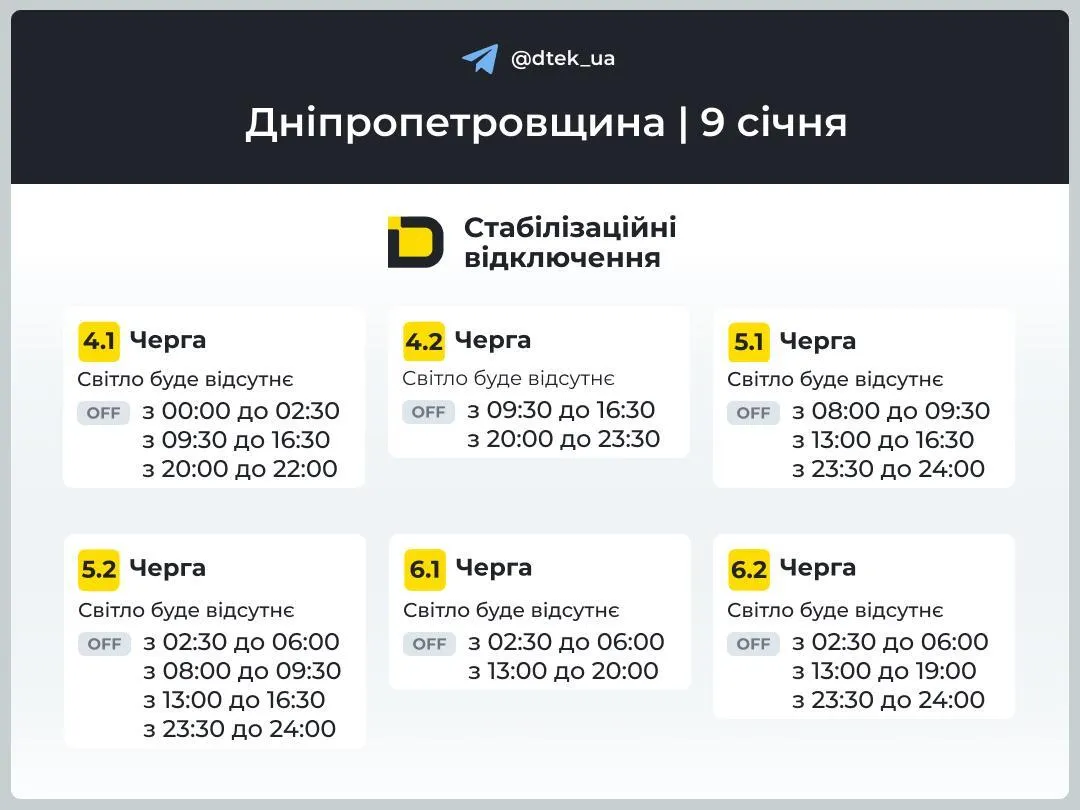 Графік відключення світла у Дніпропетровській області