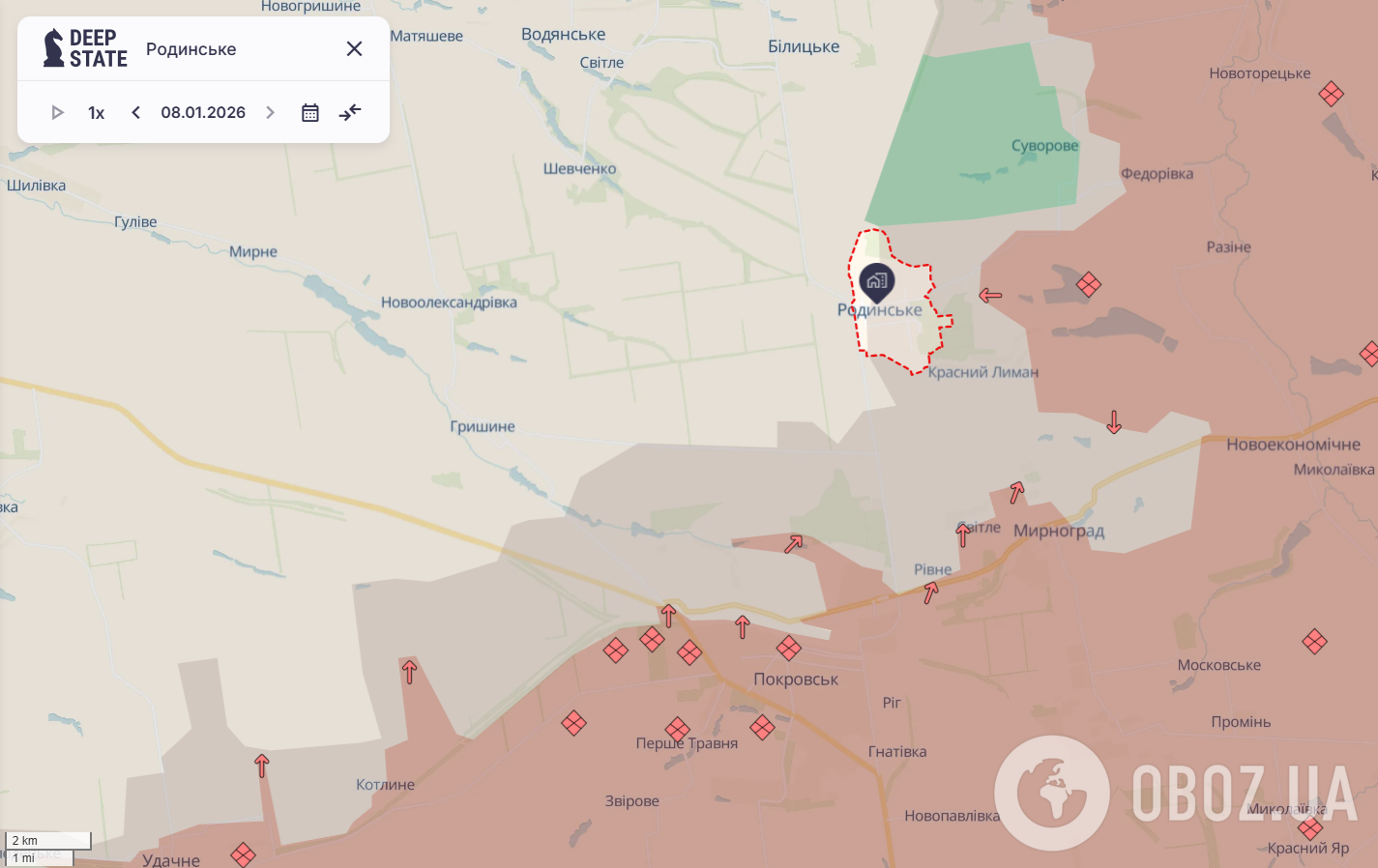 Українські війська стримують штурми в Родинському: ворог намагається проникнути в житлову забудову. Карта