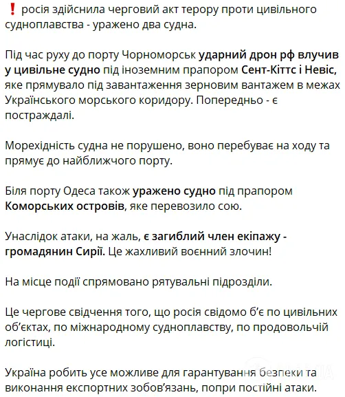 Россия атаковала дронами иностранные зерновозы вблизи Одессы: погиб гражданин Сирии. Фото