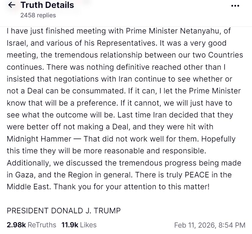 "Сподіваюся, цього разу вони будуть розважливішими": Трамп обговорив з Нетаньягу ситуацію щодо Ірану