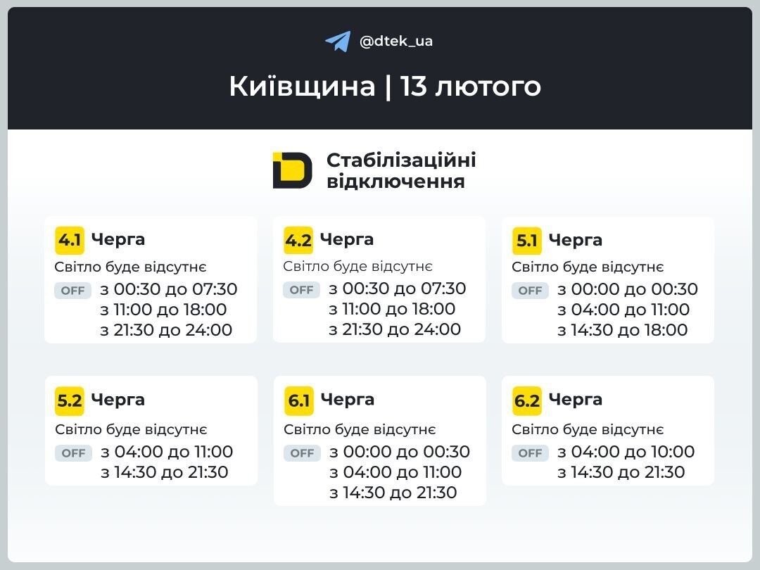 Графік відключення електроенергії в частині Київської області