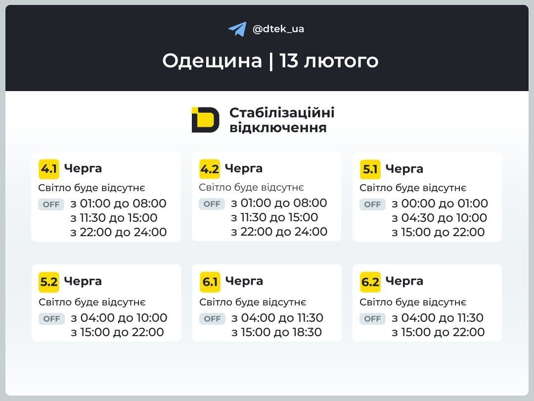 Графік відключення електроенергії в частині Одеської області