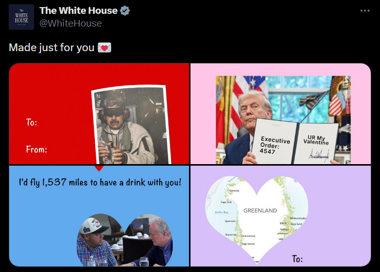 Білий дім опублікував валентинку з Гренландією, у якій пропонує їй нарешті "визначитися". Фото