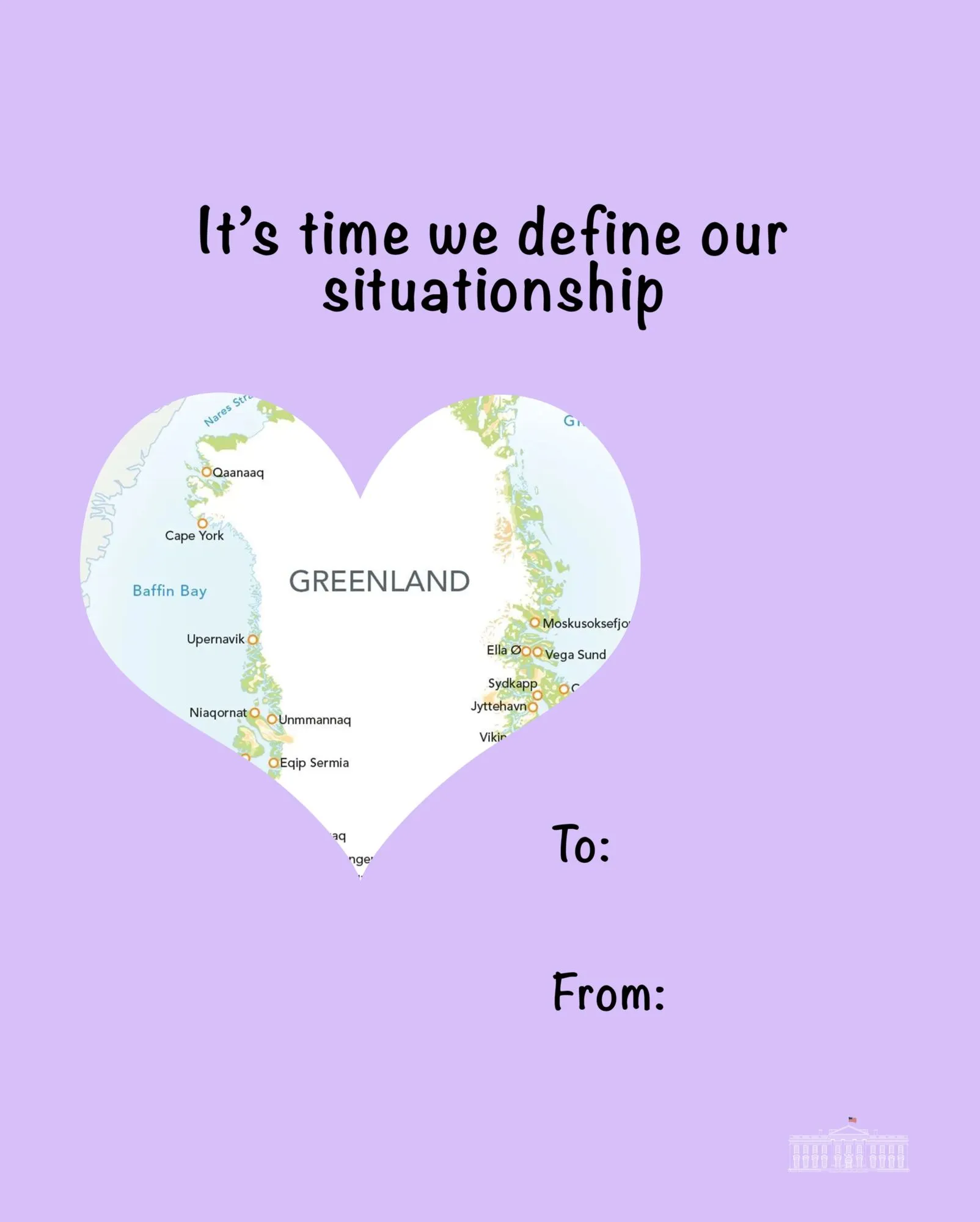 Білий дім опублікував валентинку з Гренландією, у якій пропонує їй нарешті "визначитися". Фото