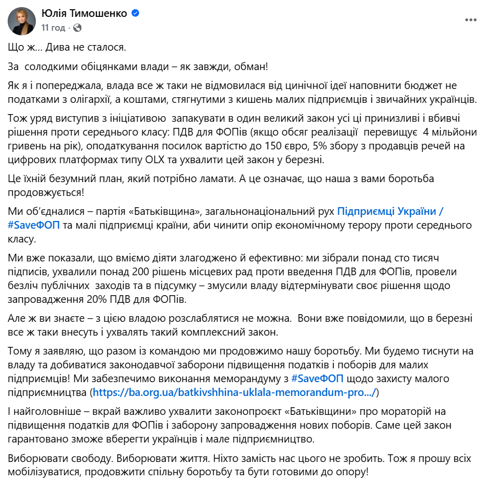"Безумний план треба ламати": Тимошенко закликала готуватися протистояти податковому терору влади