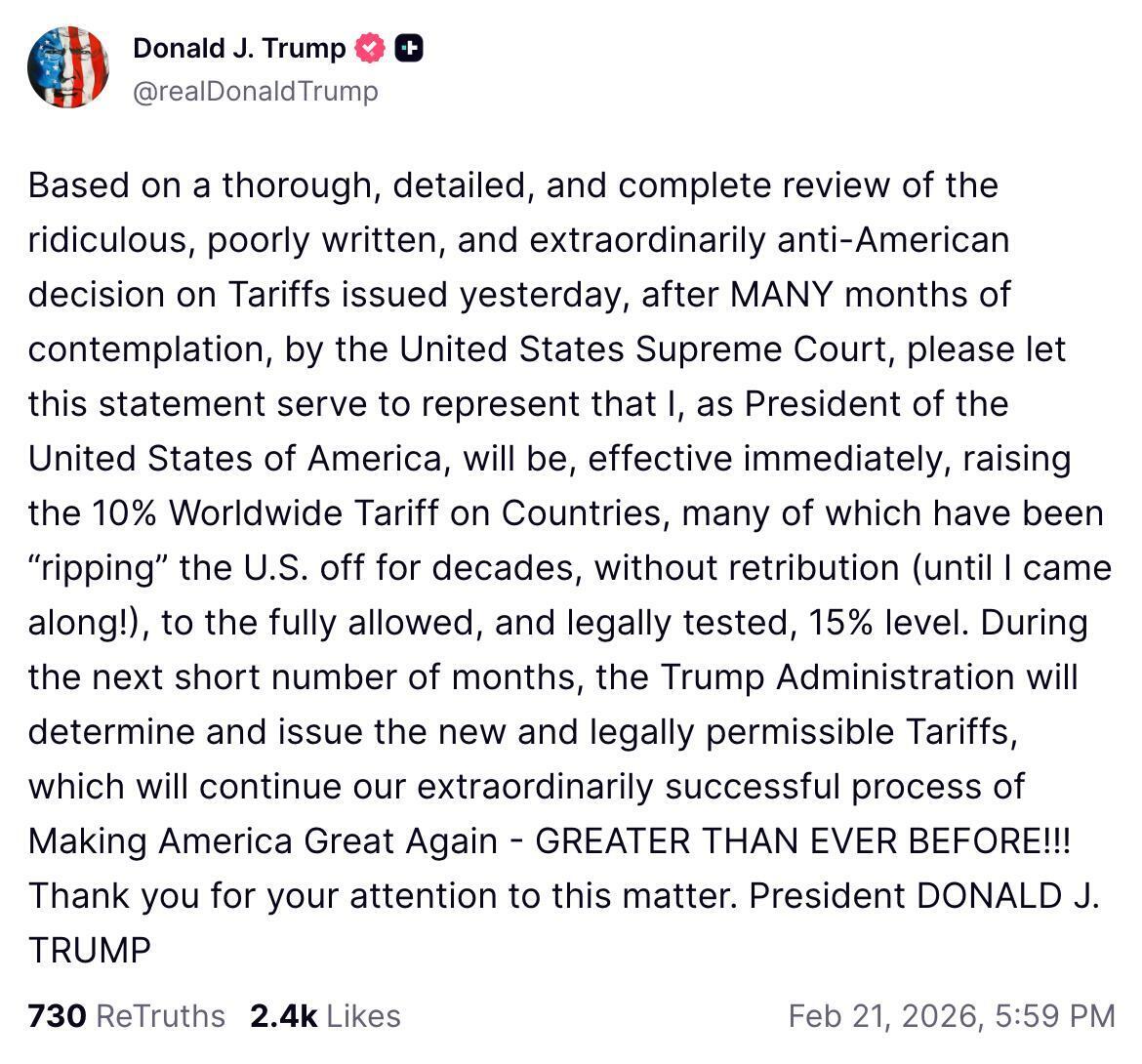 Всупереч рішенню Верховного суду США: Трамп оголосив про підвищення загальносвітових мит з 10% до 15%