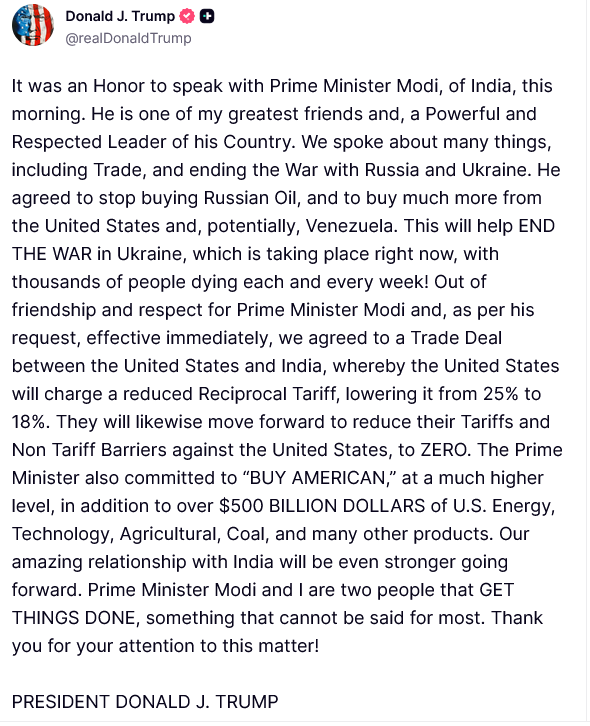Трамп заявив, що Індія погодилася припинити купувати нафту в Росії