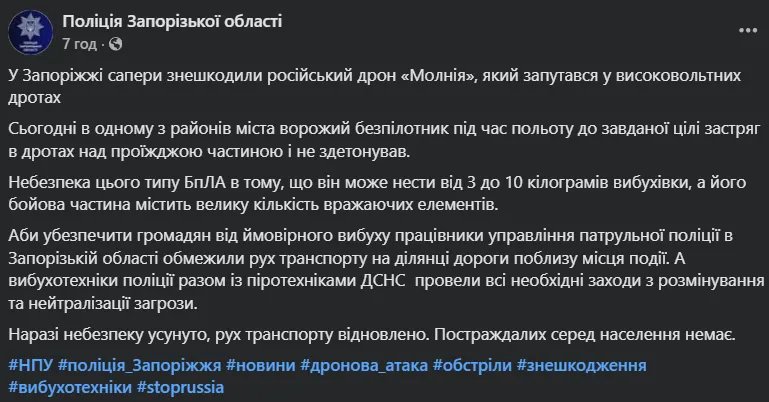 В Запорожье обезвредили вражеский дрон, который запутался в высоковольтных проводах. Фото