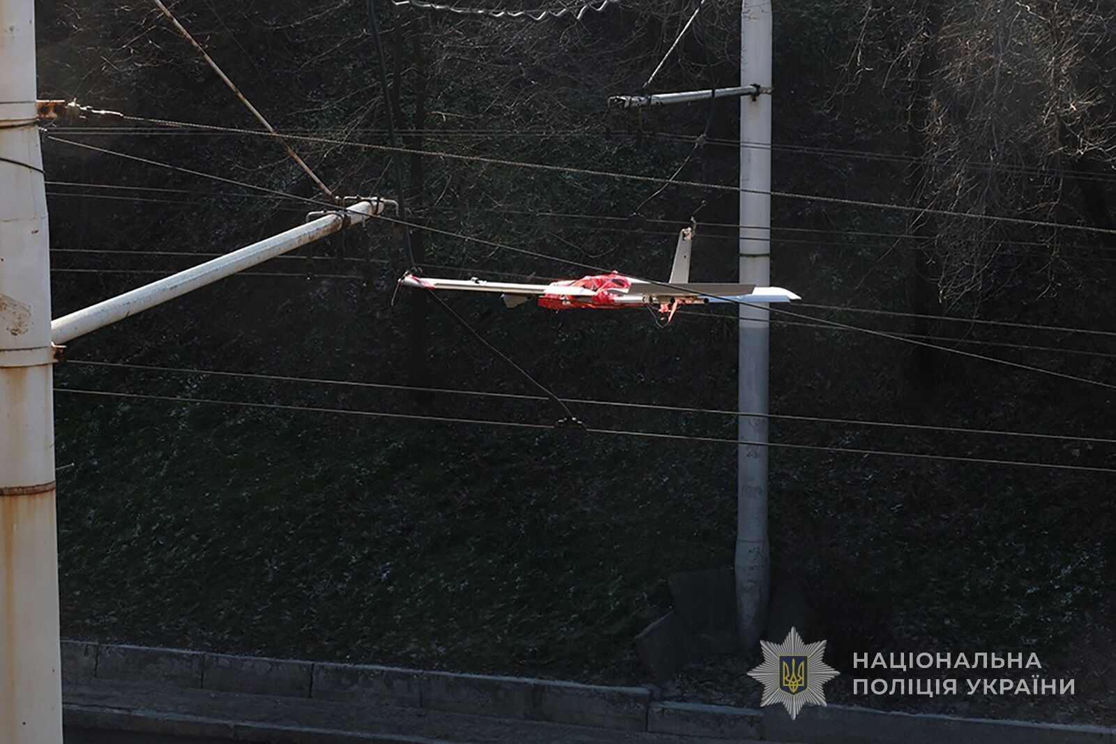 В Запорожье обезвредили вражеский дрон, который запутался в высоковольтных проводах. Фото