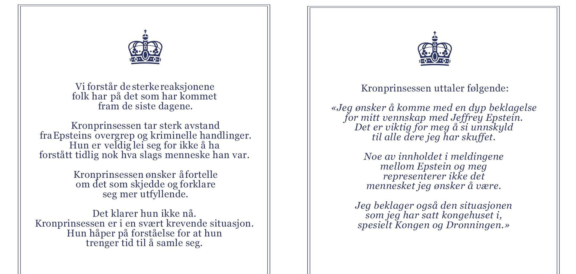 Кронпринцеса Норвегії, яка багато років листувалася з Джеффрі Епштейном, публічно перепросила за дружбу зі злочинцем