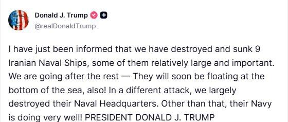 Трамп заявил о затоплении девяти иранских военных кораблей и поражении штаба ВМС Ирана: подробности